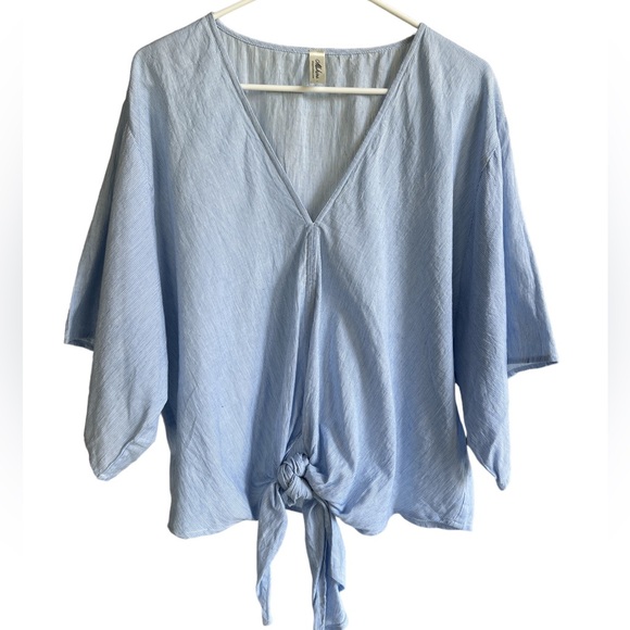 mahina Tops Mahina Blue And White Striped Tie Bottom Top Womens